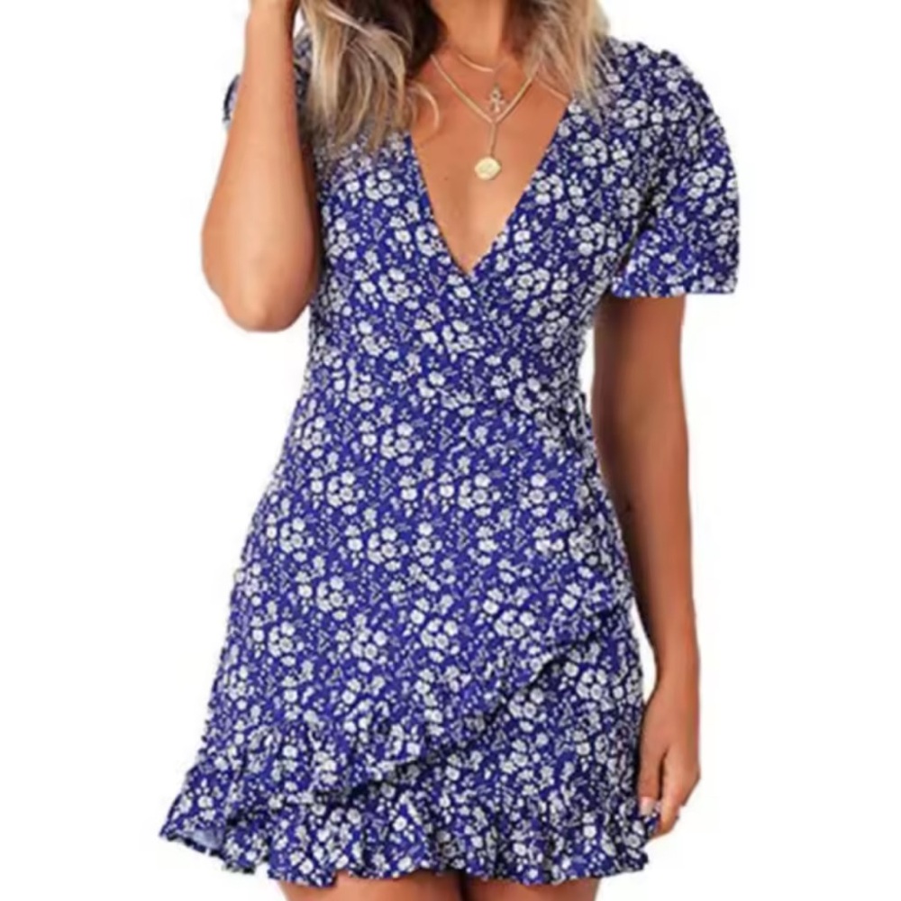 NEW Blue and White Floral Wrap Dress Size S